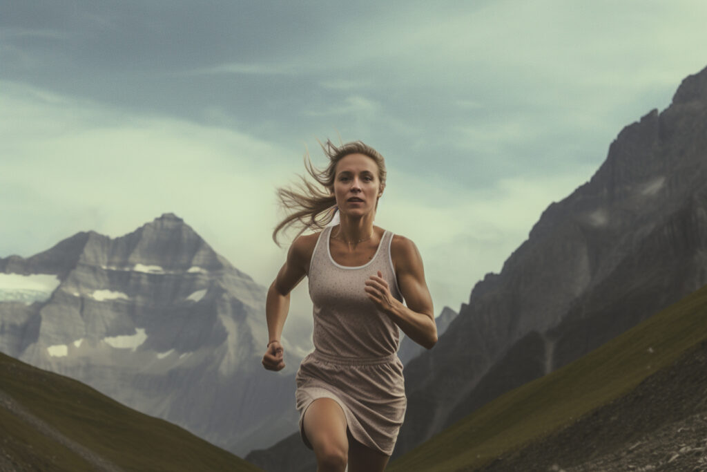 Une femme fait de la course à pied en montagne