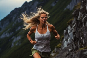 Femme blonde qui court dans la montagne pour s'entrainer