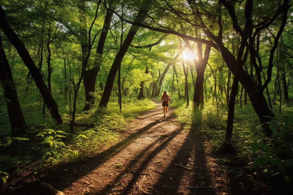 Un long et doux sentier serpentant à travers une forêt luxuriante, avec des arbres majestueux filtrant doucement la lumière du soleil. Une femme court sur le sentier. Photographie, objectif grand angle 24 mm